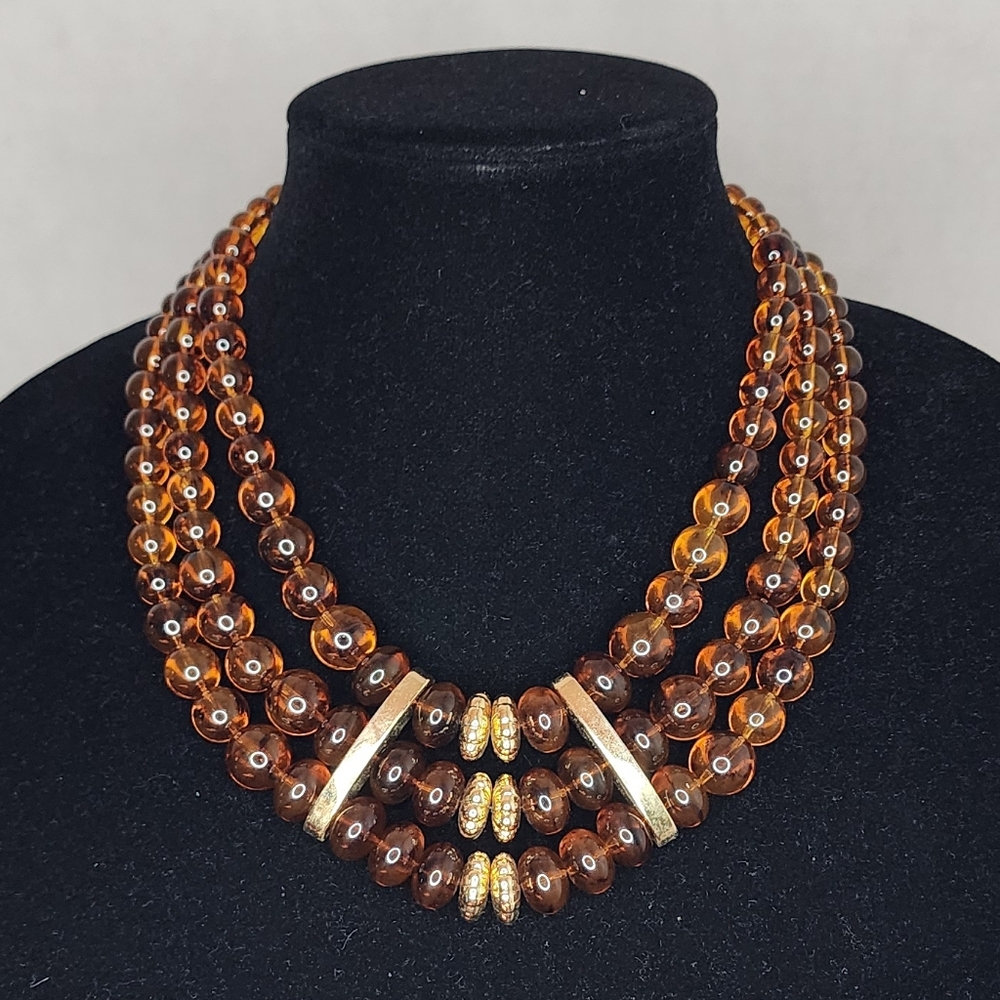Vintage 3 Strand Faux Tortoise Shell Lucite Necklace 20"